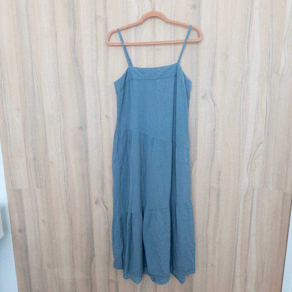 Sim & Sam‎ Linen Midi Dress Size M Blue Tiered Coastal Boho Cottage Prairie